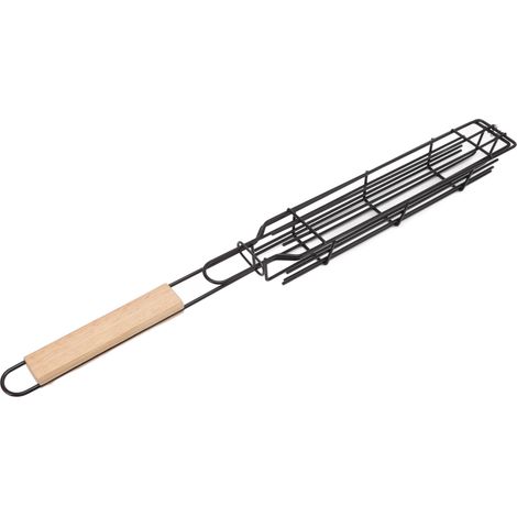 Panier à barbecue, grille en fer verrouillable avec poignée en bois pour griller légumes, saucisses et viande, couleur bois (1/5)