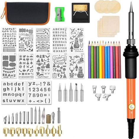 Kit per pirografia, 60W con controllo della temperatura, penna per legno, strumenti per incisione, punte per incisione su legno, punte per saldatura, stencil, borsa per il trasporto.