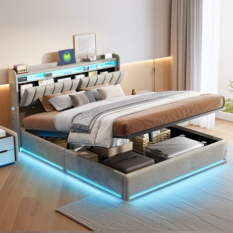 BLANKETSWARM - Lit coffre 140 x 190 cm avec LED, lit double rembourré avec USB, lit double coffre lit double avec rangement - Gris (1/5)