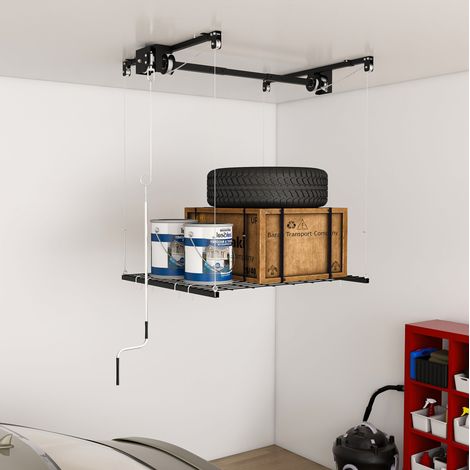Étagère de plafond pour garage 120x120 cm noire en acier avec manivelle et verrouillage de sécurité