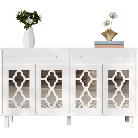 Buffet miroir 4 portes avec 2 tiroirs, étagères réglables, poignées cristal, MDF blanc, meuble de rangement moderne pour salon et entrée - CHICFURN (1/5)