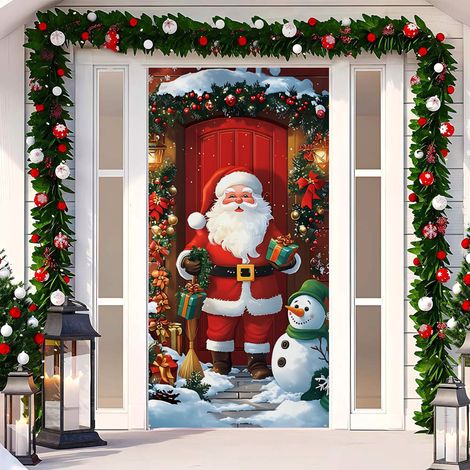 Nouvelle décoration de porte de Noël, bannière avec le Père Noël pour jardin, cour ou extérieur - 90 x 180 cm (perforée + ruban) - 34