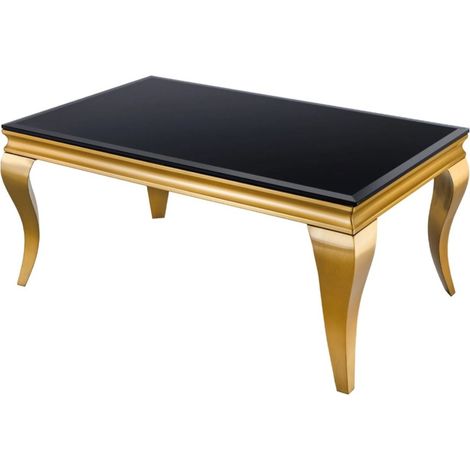 Couchtisch VELENA 100 cm schwarzes undurchsichtiges Glas – Goldene geschwungene Beine