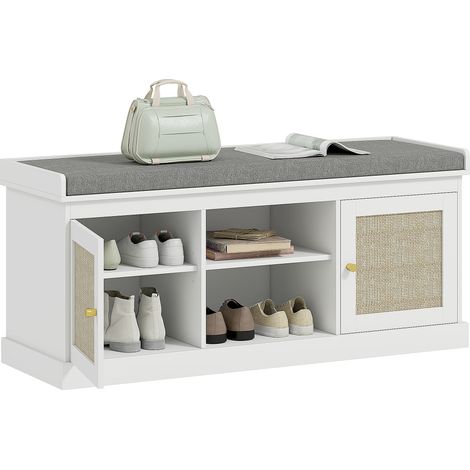 Boho Shoe Storage Bench with Padded Cushion and Rattan Doors - White
