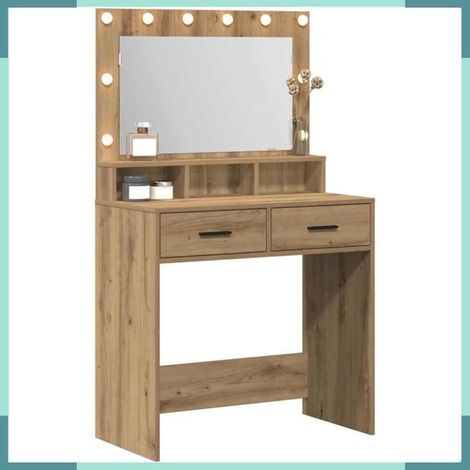 Table de toilette - 865090 - Chêne artisanal - 2 tiroirs - Miroir lumineux USB (1/5)