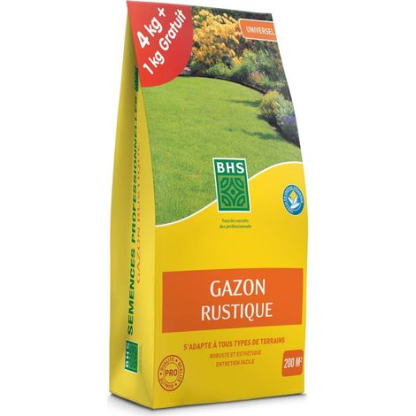 Gazon rustique 5 kg (1 kg gratuit) – Surface jusqu'à 200 m² – Engrais organique NPK 5-3-6 – Résistant au piétinement et à l'ombre – BHS