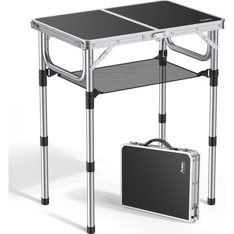 Table de Camping Pliante 3 Hauteur 60x40x70 cm en Aluminium+MDF Noir Table de Pique-Nique Portable avec Rangement Net, Montage Rapide pour Plage, Camping, Pique-Nique, les Activités de Plein Air (1/5)