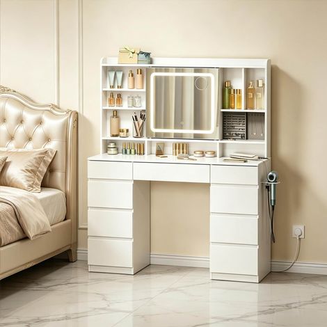 Moderner Umkleidetisch,Umkleidetisch mit vielseitigem Speicherplatz,Geräumiger Tisch mit integrierten Steckdosen(nur mit Make-up-Tisch) (1/5)