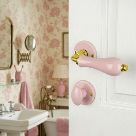 Ouvre&Déco – 2 poignées de porte LIZON verrou condamnation porte salle bain WC, Rosace ronde, Design Classique Chic, Porcelaine rose, Coude aspect or