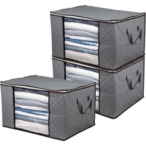 Sac de Rangement Vetement Lot de 3 - Non-Tissé - Gris - Grande Capacité (1/4)