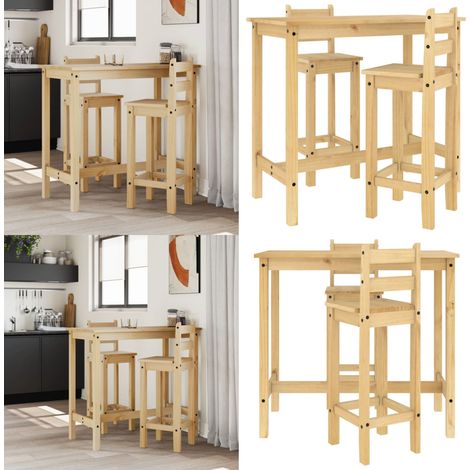 3-tlg. Bar-Set Massivholz Kiefer - Kiefernholzmöbel - Bartisch - Barstühle - Kücheninsel - Wohnbereich - Home & Living