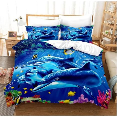 1 Ensemble de literie Motif dauphin Housse de couette 200x200 cm Taies d'oreiller 65x65 cm Microfibre Chambre (1/3)