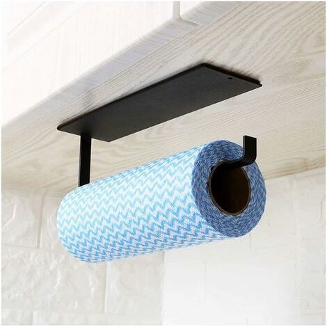 Toallero autoadhesivo: se adhiere a la pared o debajo del armario/fregadero/nevera ideal para el baño y la cocina (negro). (1/3)
