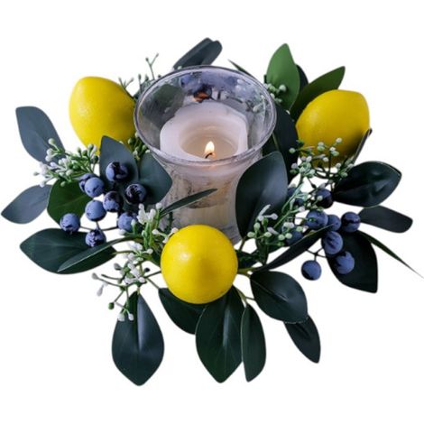 Corona de velas primaveral/veraniega con limones y arándanos artificiales, follaje de plástico, decoración de cuadros de estilo rústico, vela no incluida. (1/5)