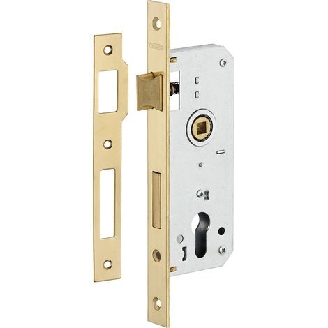 Serratura da infilare a cilindro per porta d'ingresso, asse 50 mm, 4 catenacci, piastre estremità tonde, ottone - THIRARD