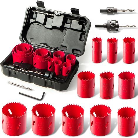 Hychika Bi-Metall-Lochsägen-Set, 17-teilig mit 11 Sägeblättern 19 mm - 68 mm, 2 Spanndornen, 3 Bohrern, 1 Sechskantschlüssel, ideal zum Bohren von Weichmetall, Holz, PVC-Platten und Kunststoffplatten