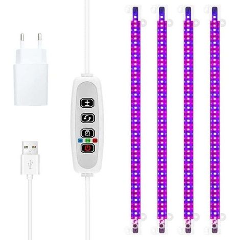 Plant growth light strip - LED - 430 nm and 660 nm - Red and blue light - 3/9/12 hour timer - 4-switch mode - Succulent plant growth lamp - 4 tubes - (1/4)