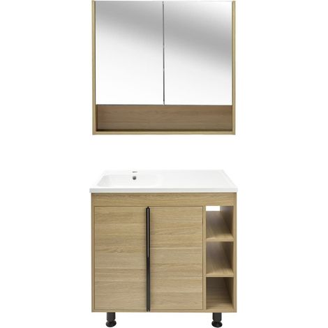 Ensemble meuble avec vasque et miroir - Naturel - Lucca - 79x70x45 - Chêne (1/4)