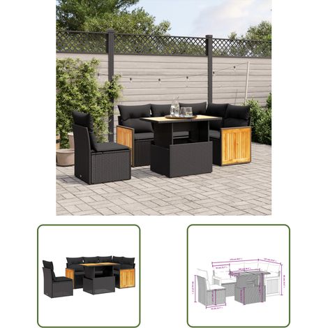 The Living Store Salon de jardin 6 pcs avec coussins noir résine tressée - Ensemble Salon De Jardin - Mobilier Extérieur - Table Basse Extensible - Chaise Lounge - Fauteuil Pliable (1/3)
