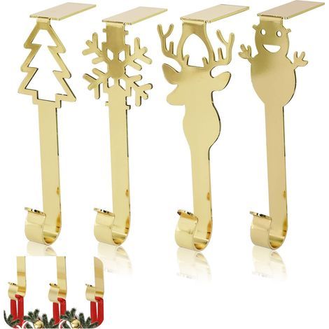 Porte-bas de No毛l Lot de 4 Cintres pour Bas de No毛l pour Chemin茅e Crochets de Guirlande de No毛l Crochets de Chemin茅e pour D茅coration de No毛l Clips de Bas Gold