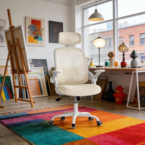 Chaise de bureau 63.5x47x109.5-117.5 cm beige en maille et métal avec appui-tête réglable (1/3)