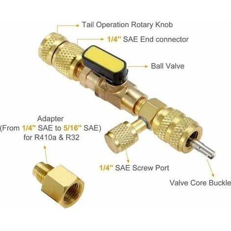 Extracteur/installateur de noyau de valve Vanne de déconnexion en laiton SAE 1/4 et 5/16 double taille pour éviter les fuites de réfrigérant pour R12 R22 R410A (1/3)