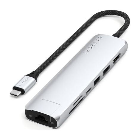 Adaptador multipuerto USB-C delgado 7 en 1 de Satechi con Ethernet: adaptador para dispositivos móviles (USB-C PD, 2x USB-A, HDMI 4K, Ethernet, lector de tarjetas micro/SD) (plateado)