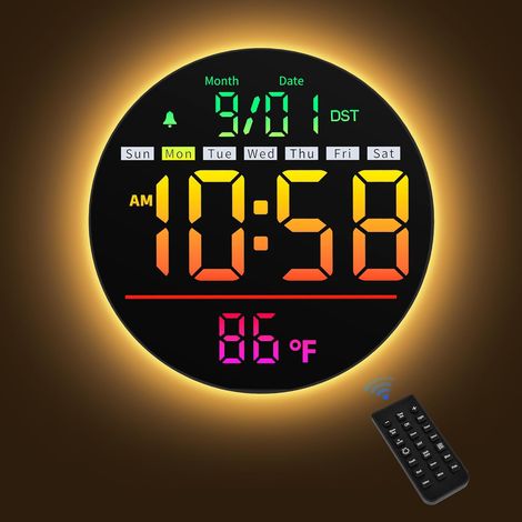 Horloge Murale Numérique 8" avec Veilleuse, Alarme, 11 Couleurs RGB, 5 Niveaux de Luminosité, Température, Secondes, Date et Jour, Horloge Murale LED Électrique Moderne pour Chambre et Salon (1/5)