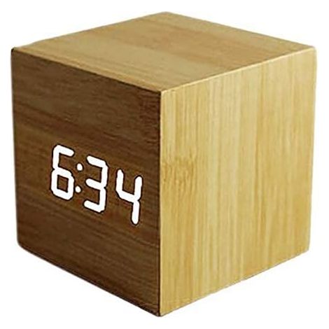 Sveglia digitale intelligente con sensore, mini sveglia in legno con luce LED che visualizza ora, data, temperatura e informazioni di viaggio (gialla). (1/5)