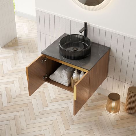 Mobile lavabo sospeso moderno 61 cm rovere marrone con 2 ante soft-close, piano in pietra sinterizzata e lavabo tondo nero