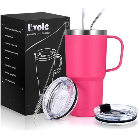 Thermosbecher mit Henkel 600ml, Vakuum Kaffeebecher Edelstahl, inkl. 2 Deckel & Strohhalme, Rosenrot (1/5)