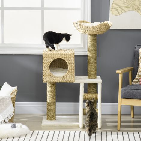 Árbol rascador para gatos (57x37x100.5 cm), con casita, cama y escalera, aglomerado, color madera natural (1/5)