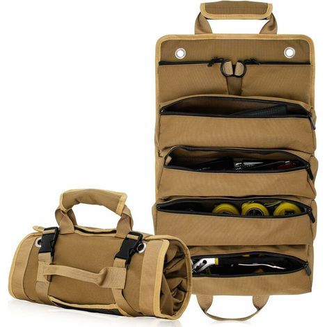 Sac à Outils Enroulable en Toile, Robuste Sac Porte-Outils pour Mécanicien/Électricien/Moto/Camion (Kaki) (1/5)