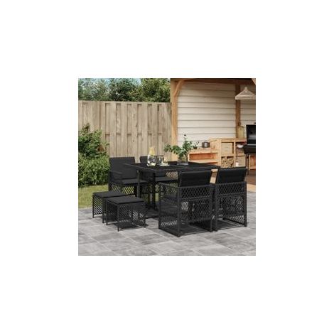Ensemble à manger de jardin 9pcs coussins noir résine tressée (1/5)