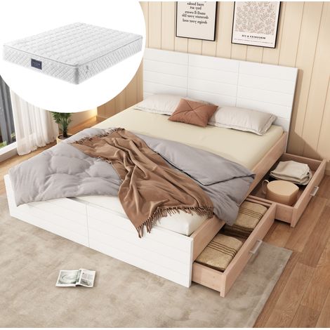 Doppelbett mit 2 Schubladen 140x200 Holz Weiß inkl. Matratze OKMYHOME (1/5)