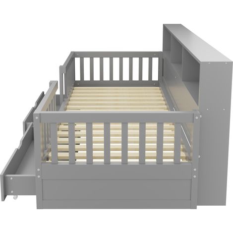 Letto per bambini 90 x 200 cm grigio con barriera di sicurezza, cassetti, scaffali e LED (1/5)