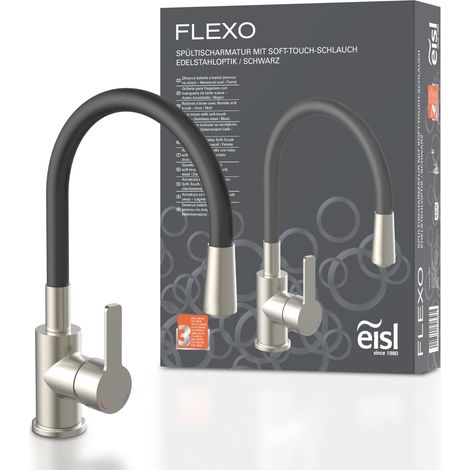 Robinet rabattable noir et inox – Mitigeur de lavabo – Bec col de cygne pivotant 360° – Hauteur 344 mm – Limiteur de température – Eisl (1/5)
