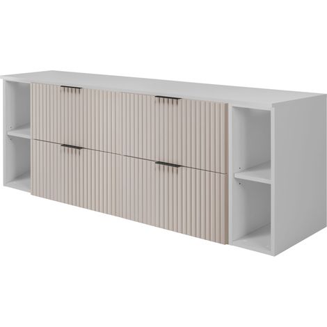 Furnidea - Meuble sous vasque FLOW CACHEMIRE 160 cm avec 2 x l'étagères - extensions et plan BLANC - 4 tiroirs - façades rainurées (1/5)