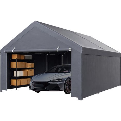 Jiubiaz Garagenzelt 4x6 m, grosses Carport mit Seitenwaenden, PE Schutzgarage mit verzinktem Stahlgestell, wetterfester Unterstand fuer SUV, Fahrzeuge und Lagergut, Grau