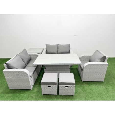 Fimous High Back Poly Rattan Garden Furniture Set with Reclining Chair Loveseat Sofa Adjustable Lifting Dining or Coffee Table Indoor Outdoor Patio  Set 2 Stool Side Table Light Grey (1/5)