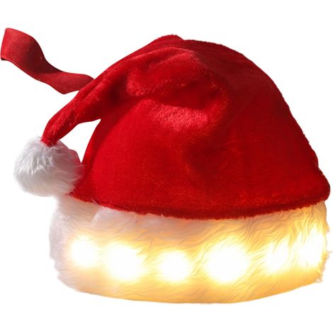 Bonnet de Noël lumineux en peluche rouge, accessoire festif pour fêtes et costumes de Père Noël.