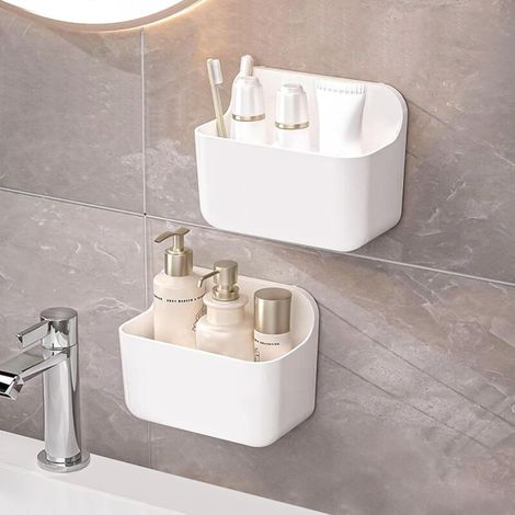 2 Stück Kleine Wandregal ohne Bohren, Universal Duschkorb & Aufbewahrungskorb für Bad & Küche, Hängekorb für Shampoo, Seife, Hygienartikel (Weiß)