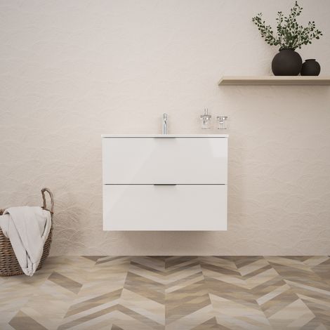 Inda - Badezimmerschrank B.80 mit glänzendem Waschbecken / Hochglanzweiß 2 Schubladen - Topazio