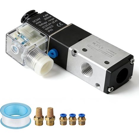 Électrovanne Pneumatique 1/4" 24V NC 3/2 Voies, Valve à Solénoïde pour Air Comprimé avec 2 Silencieux, 3 Raccord Pneumatique φ6mm et Ruban PTFE, pour Vérins Pneumatiques, 3V210-8 (1/5)