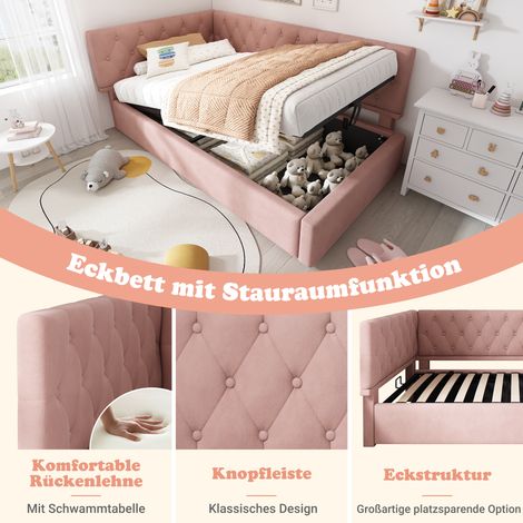 Lit capitonné 90x200cm, canapé convertible avec coffre de rangement hydraulique, couchage pour enfant/adolescent, structure en bois avec sommier à lattes, tissu velours rose, sans matelas. (1/5)
