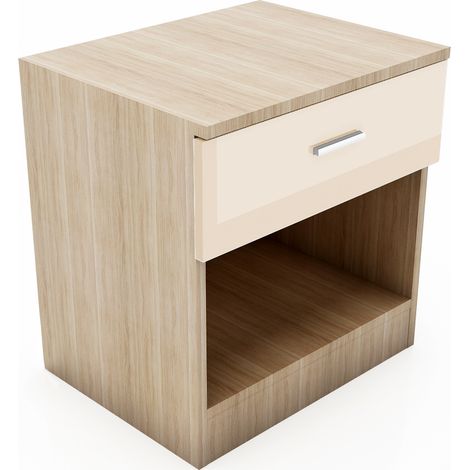 ELEGANT High Gloss Bedside Cabinet stand Storage Shelf with Hanging Rail and Full-length Mirror High Gloss Bedroom Furniture Set, Cream/Oak (1/5)