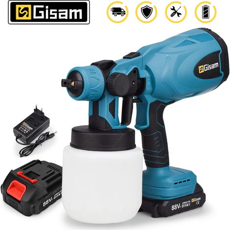 Gisam – Pistolet à peinture sans fil 21V avec 2 batteries 800ml – Débit 160ml/min – 3 modes de jet – Moteur 210W – Pour bois dur et teck