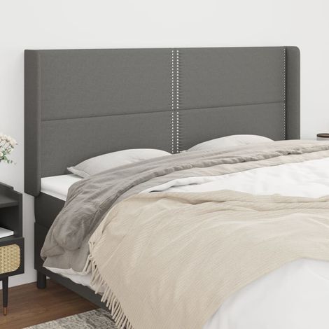 Tête lit de avec oreilles pour lit double, Cadre de lit, Tableau décoratif de chevet Gris foncé 203x16x118/128 cm Tissu CDE85563 (1/5)