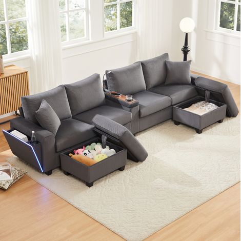 Sofa U-förmig 334/128,5/81 cm in Grau mit Cordbezug, LED, USB/Type-C und Stauraum (1/5)