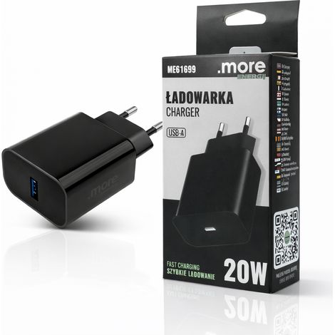 Cargador de pared USB-A de 20 W PD 3 A de carga rápida para teléfono y tableta, color negro. (1/5)